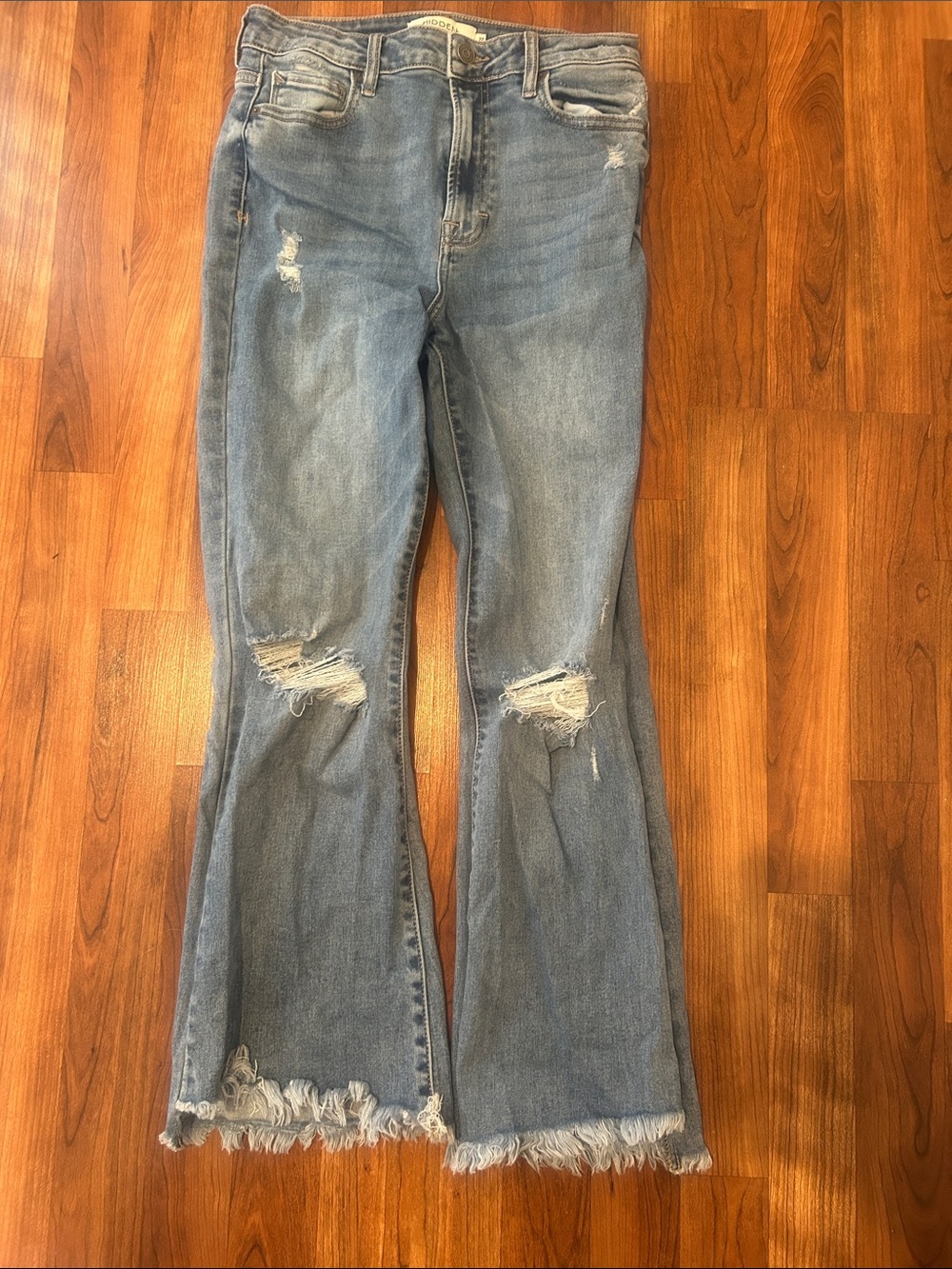 Light Blue Distressed Flare Jeans with Frayed Hem